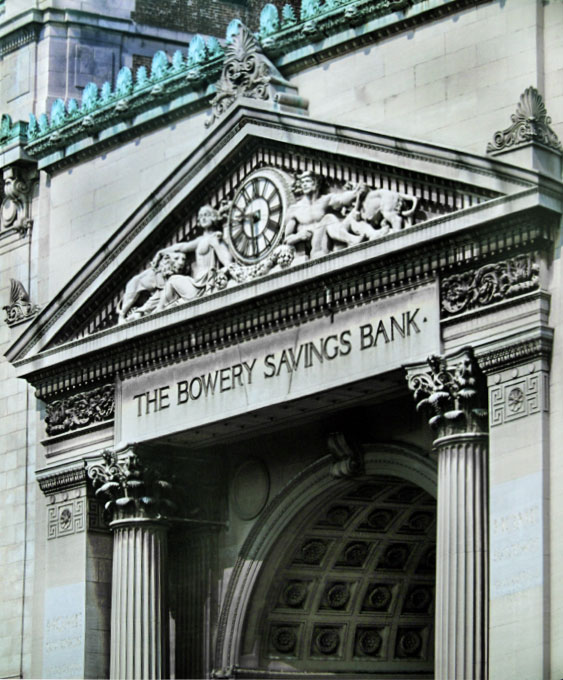 Landmarked 124-126 Bowery bank closeup on the Bowery