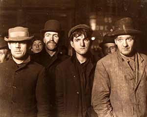 	
“Midnight at Bowery Mission Breadline, 1909. Lewis Hine photo taken at 55 Bowery